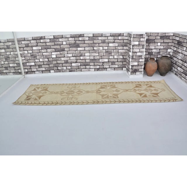 Textile Vintage Turkish Rug, Japandi Style Neutral Geometric Runner For Sale - Image 7 of 10