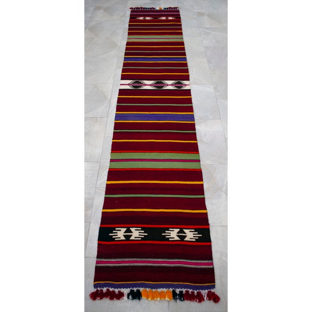 1990s Hand Made Short Narrow Runner Rug Turkish Kilim Hallway Rug - 1′10″ × 9′10″ For Sale - Image 12 of 14