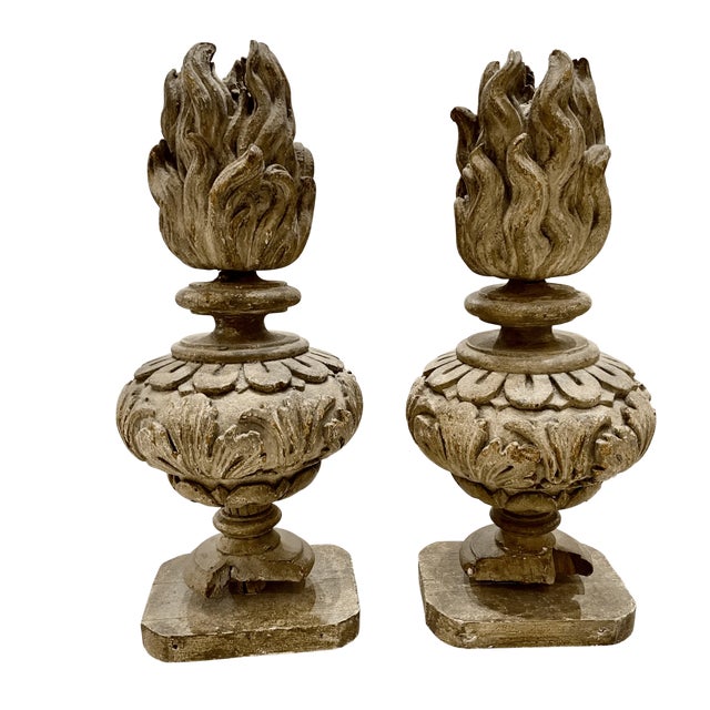 Dramatic, large pair of 18th-century Italian carved wood flame urns, or pots au feu, richly detailed with acanthus leaf...