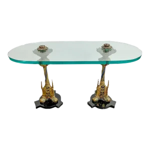 Italian Gothic Renaissance Style Brass Pedestals and Glass Top Coffee Table