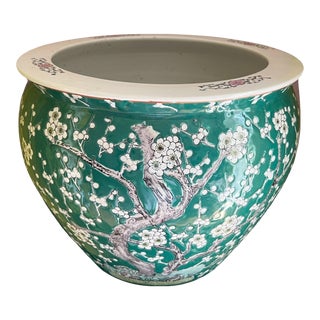 1960s Chinoiserie Prunus Blossom Green Fish Planter For Sale