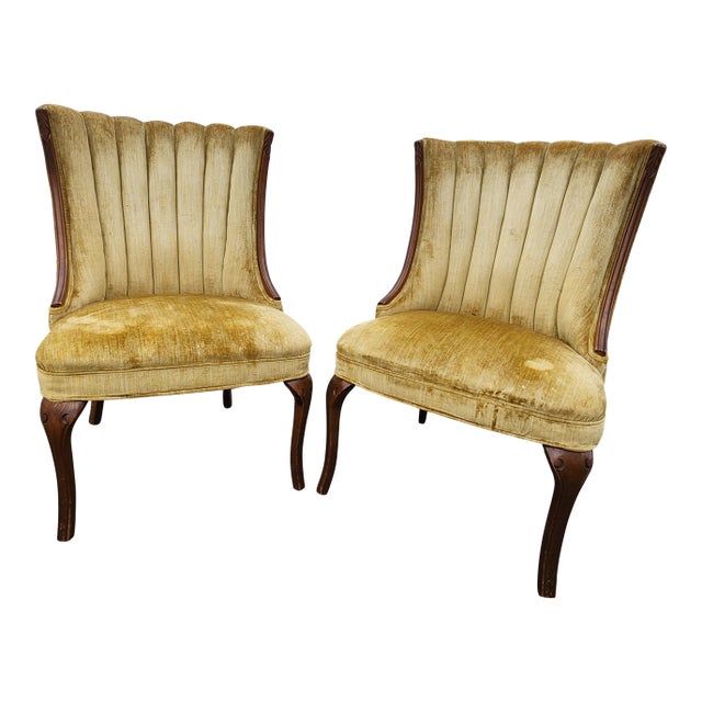 Pair of Vintage Hollywood Regency Shell Back Slipper Chairs, 1940s Style For Sale