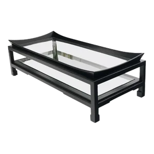 James Mont Rectangle Black Lacquer Glass Top Deco Mid Century Coffee Table