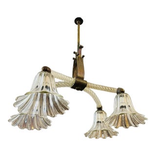 1930s Art Deco Clear Murano Glass and Brass Chandelier by Ercole Barovier For Sale