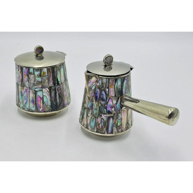 Metal 1960s Mexican Alpaca & Abalone Sugar and Creamer Set, Mexican Modernism, by LHG For Sale - Image 7 of 18