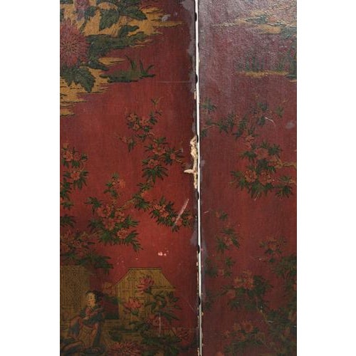 Antique English Hand-Painted Red Leather Chinoiserie Room Divider with Floral Motifs For Sale - Image 6 of 13