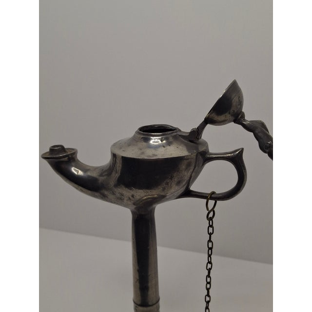 Lot of 2 - 19th C Pewter Whale Oil Fat Lamps W/ Figurine, Wick Pick, European For Sale In Boston - Image 6 of 18