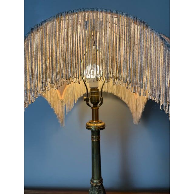 Mid 20th Century Victorian Footed Marble and Brass Table Lamp With Fabric Fringe/Tassel Lamp Shade For Sale - Image 4 of 11