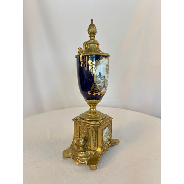 Metal Vintage Italian Sèvres Style Hand-Painted Porcelain Urn With Ormolu Mounts For Sale - Image 7 of 12