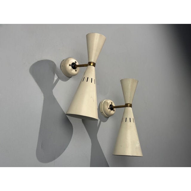 Mid-Century Modern 1960s Italian Modern, White Lacquered Metal, Brass, Wall Sconces, Italy - a Pair For Sale - Image 3 of 8