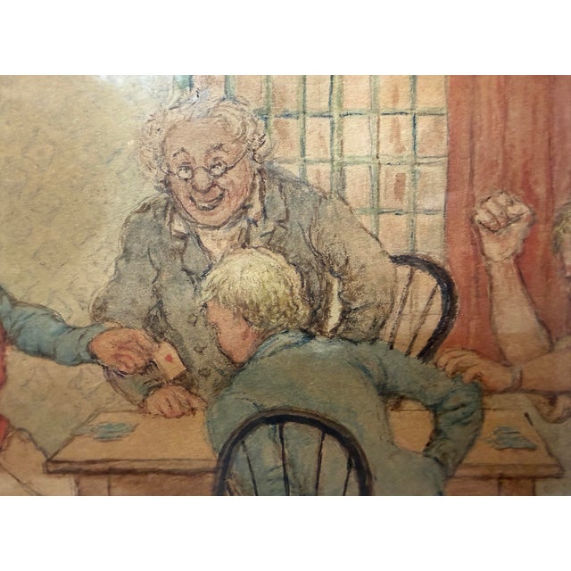 Antique 19th Century Original Men Playing Cards at Table Watercolor Painting For Sale - Image 4 of 12