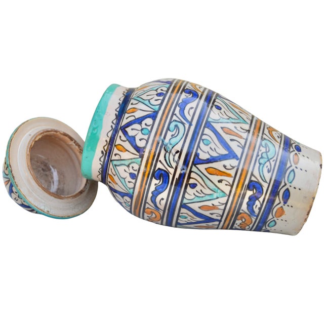 Early 20th Century Handmade Colorful Moroccan Ceramic-Art Lidded Vase For Sale - Image 10 of 12