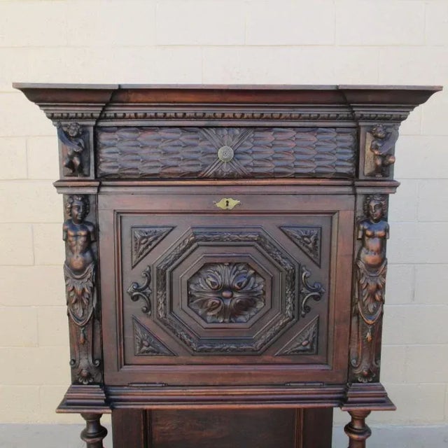 Wood Italian Antique Carved Oak Figural Drop Cabinet C. 1880 For Sale - Image 7 of 9