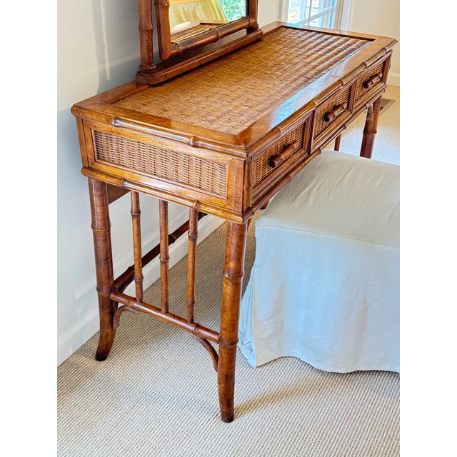 American of Martinsville Vintage Coastal Faux Bamboo Rattan Vanity Desk Console With Detachable Mirror For Sale - Image 12 of 17