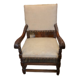 Antique Carved Wood Arm / Throne Chair Straw / Hair Stuffed W/ Metal Rivets For Sale