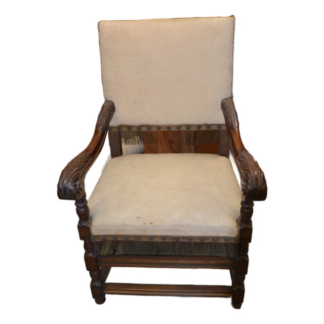 Antique Carved Wood Arm / Throne Chair Straw / Hair Stuffed W/ Metal Rivets For Sale