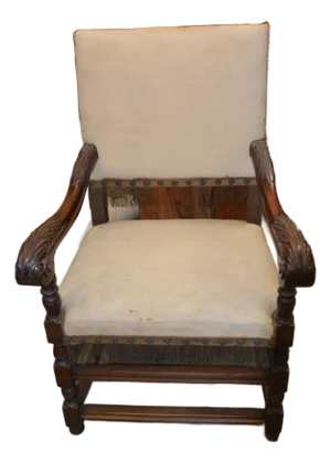 Antique Carved Wood Arm / Throne Chair Straw / Hair Stuffed W/ Metal Rivets