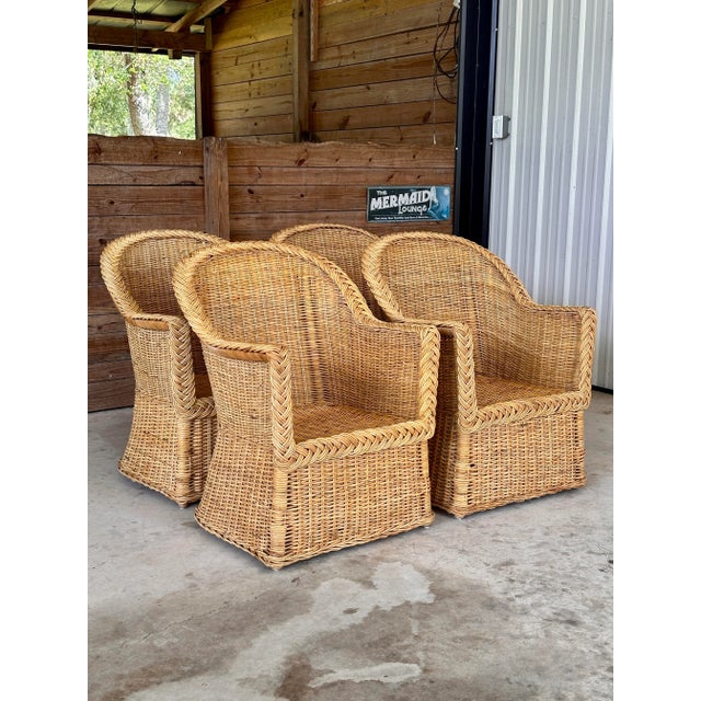 Coastal Organic Modern Large Braid Rattan Side Arm Chairs by Wicker Works-Pair For Sale - Image 9 of 11