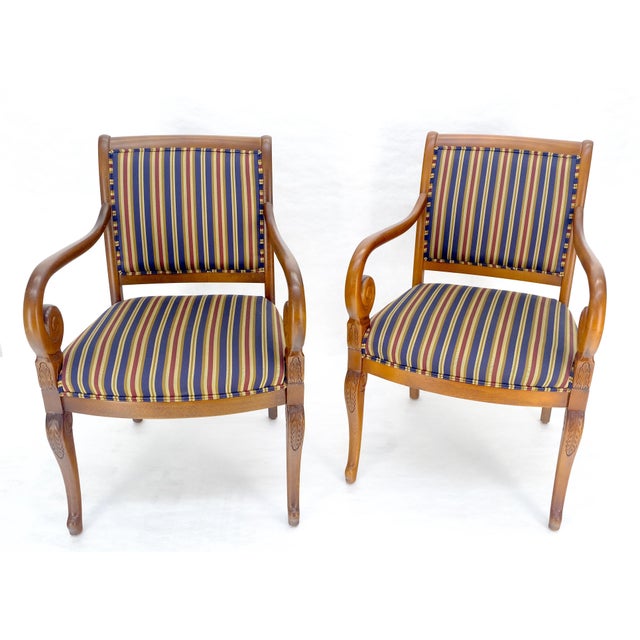 Pair of Regency Style Carved Open Arm Fireside Lounge Chairs Stripe Upholstery For Sale - Image 14 of 18