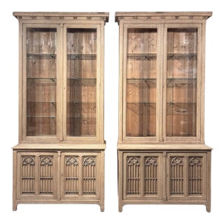 Pair of Monumental Stripped Gothic Revival Solid Oak Display Bookcases For Sale