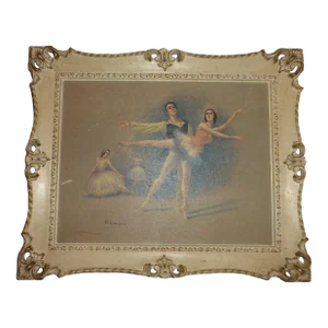 Vintage French Provincial Picture of Ballerinas W Ornate Frame Signed Gino