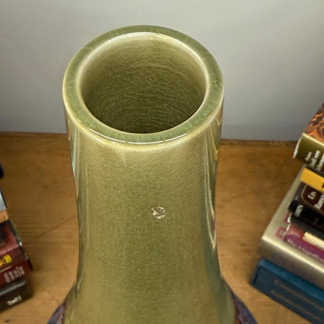 Blue Periwinkle Blue Vase with Olive Neck and Red Drip Glaze For Sale - Image 8 of 8