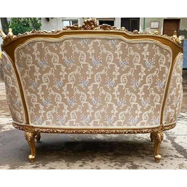 Tan French Style Tan Sofa With 2 Pillows and Gold Details For Sale - Image 8 of 8