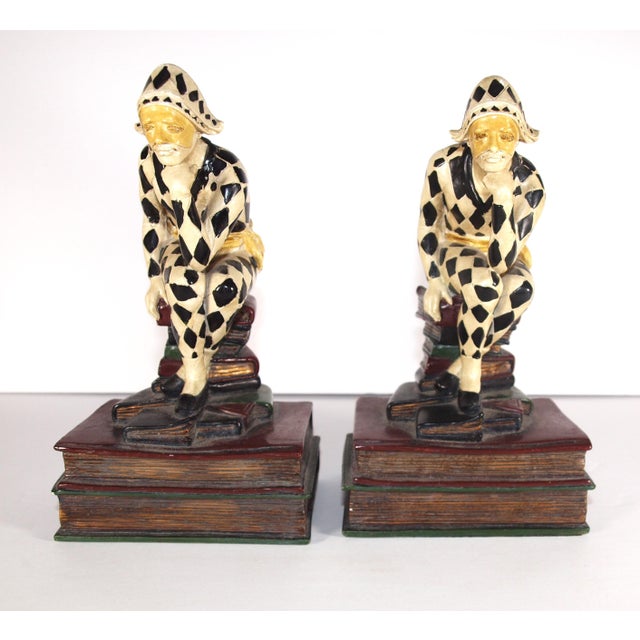 Vintage French Art Deco Harlequin Clown Bookends Statues For Sale - Image 4 of 4