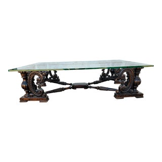 1970s Vintage Carved Wood and Glass Coffee Table. For Sale