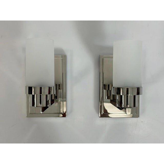 Metal Pair of Marian Jamieson "Six of One" Nickel Wall Sconces With Frosted Glass For Sale - Image 7 of 17