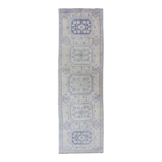 Vintage Turkish Oushak Runner in Medium Blue, Lt. Blue & Tan Background For Sale
