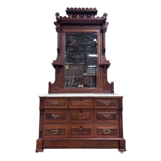 Antique Late 1800s Victorian Eastlake Marble Top Walnut Dresser For Sale