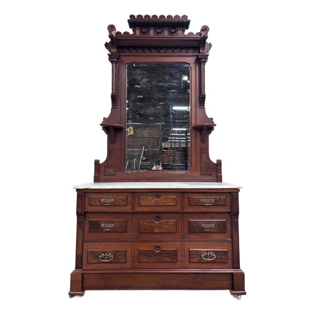 Antique Late 1800s Victorian Eastlake Marble Top Walnut Dresser For Sale