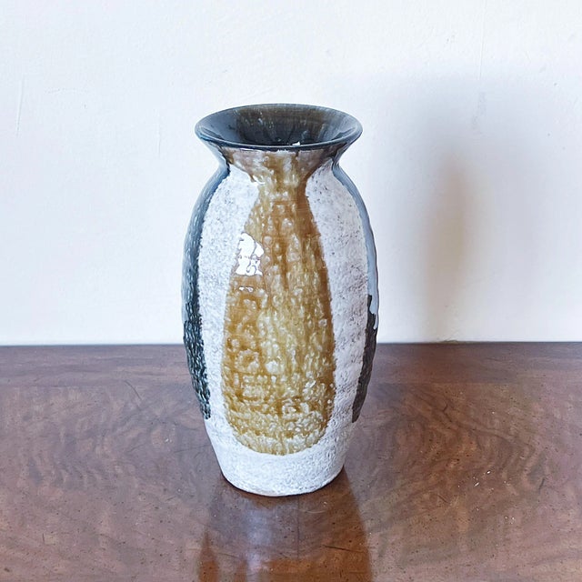 Mid-Century Modern Mid-Century Hand Thrown Pottery Vase With Drip Glaze Pattern in Tan and Gray For Sale - Image 3 of 7