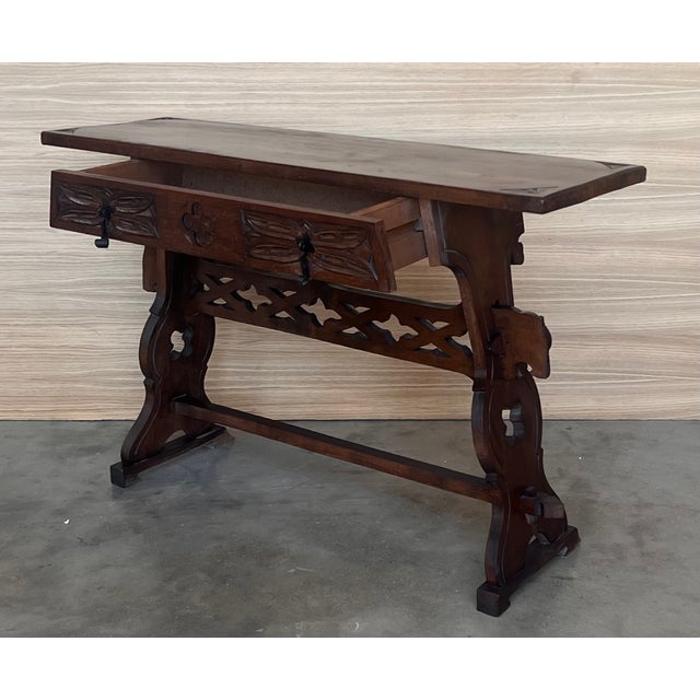 19th Pair of Solid Walnut Baroque Lyre-Leg Trestle Nightstands With Drawer For Sale - Image 4 of 11