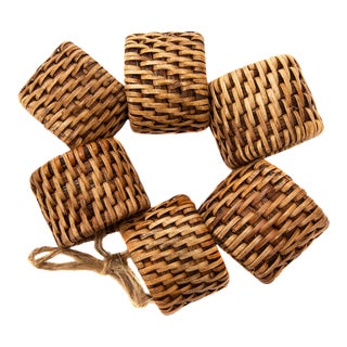 Artifacts Rattan Oval Napkin Ring Set in Honey Brown - 6 Pieces For Sale