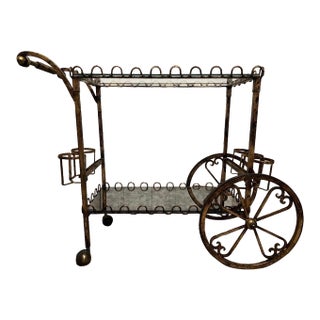 Vintage Hollywood Regency Neoclassical Gilt Rolling Iron Glass Bar Cart Trolley For Sale