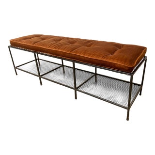 1960s Vintage Mid Century Metal Bench With Tufted Orange Velvet Cushion For Sale