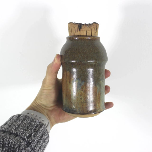Vintage Earth Tone Handmade Boho Signed Studio Pottery Jar or Pot With Cork Lid Ceramic Canister For Sale - Image 10 of 10