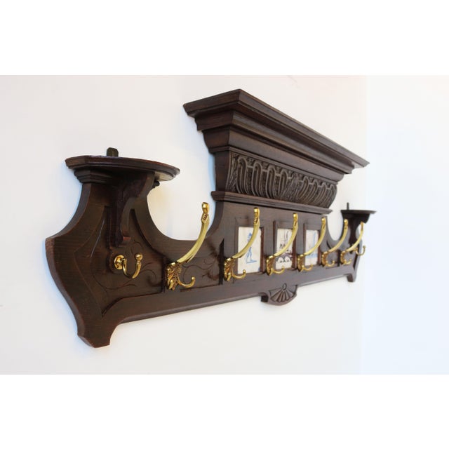 19th Century Antique Dutch Renaissance Revival Delft Blue Tiles Brass Coat Rack, 1890 For Sale - Image 5 of 10