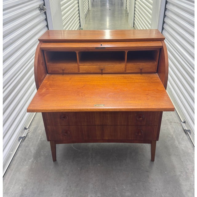 Mid 20th Century Swedish Modern Teak Roll Top Desk With Fitted Compartment For Sale - Image 4 of 15