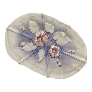Vintage Mikasa Walther Glass Oval Platter – Raised Floral & Leaf Design – Pink and Blue - Serving Tray or Centerpiece For Sale