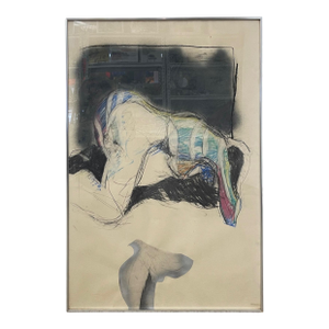 Vintage Abstract Figurative Mixed Media Drawing With Pastel Accents in Metal Frame