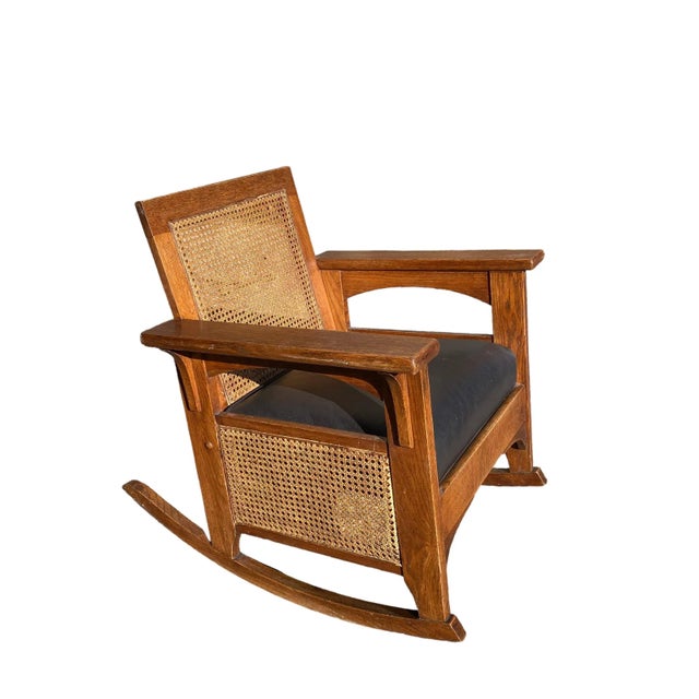 Wood American Arts and Crafts Caned Oak and Leather Armchair and Rocker C. 1910 For Sale - Image 7 of 7