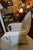 White Vintage White Wicker Oversized Fan Back / Cobra Patio Arm Chair With Blue Stripe Cushion For Sale - Image 8 of 12