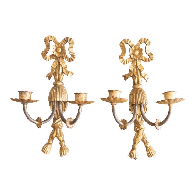 Vintage Italian Carved Giltwood Bows & Tassels Candle Sconces - A Pair For Sale