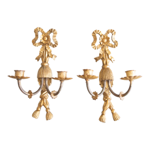 Vintage Italian Carved Giltwood Bows & Tassels Candle Sconces - A Pair