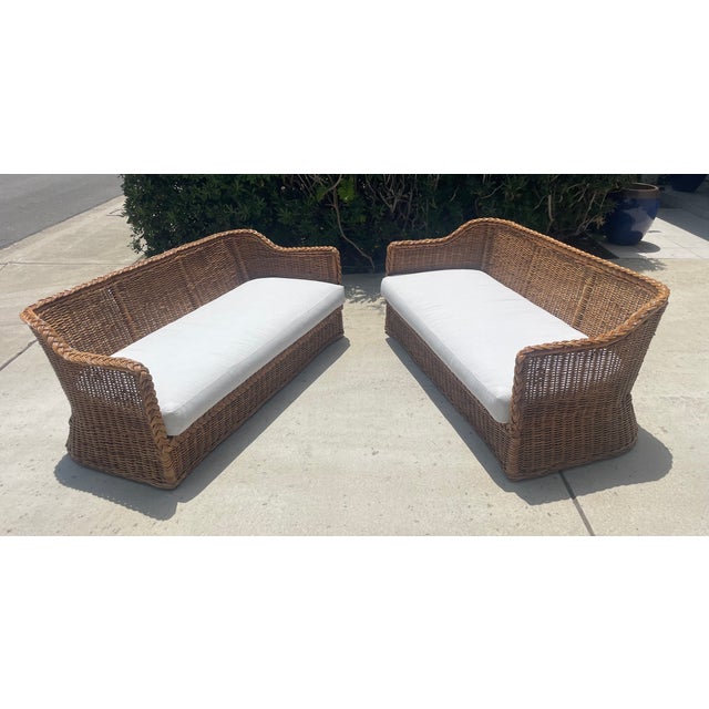 Contemporary Vintage Braided Wicker Sofas, Michael Taylor Style With New Perennials Upholstery For Sale - Image 3 of 14