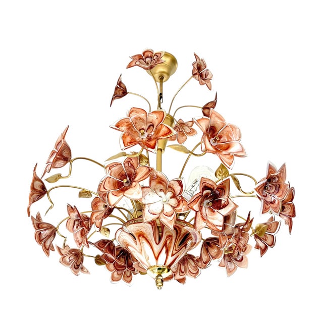 1980s Large Murano Style Brown Flower Bouquet Chandelier With 4 E27 Bulbs. Hand-Blown Glass Flowers, Restored , Rare Italian Vintage For Sale - Image 5 of 17