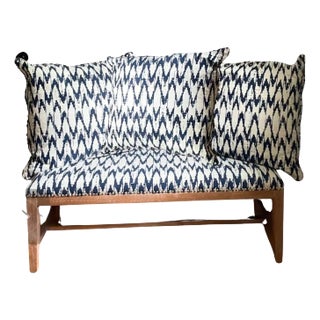 Classic Upholstered Bench in Navy and Ivory Flame Stitch With 3 Matching Pillows For Sale